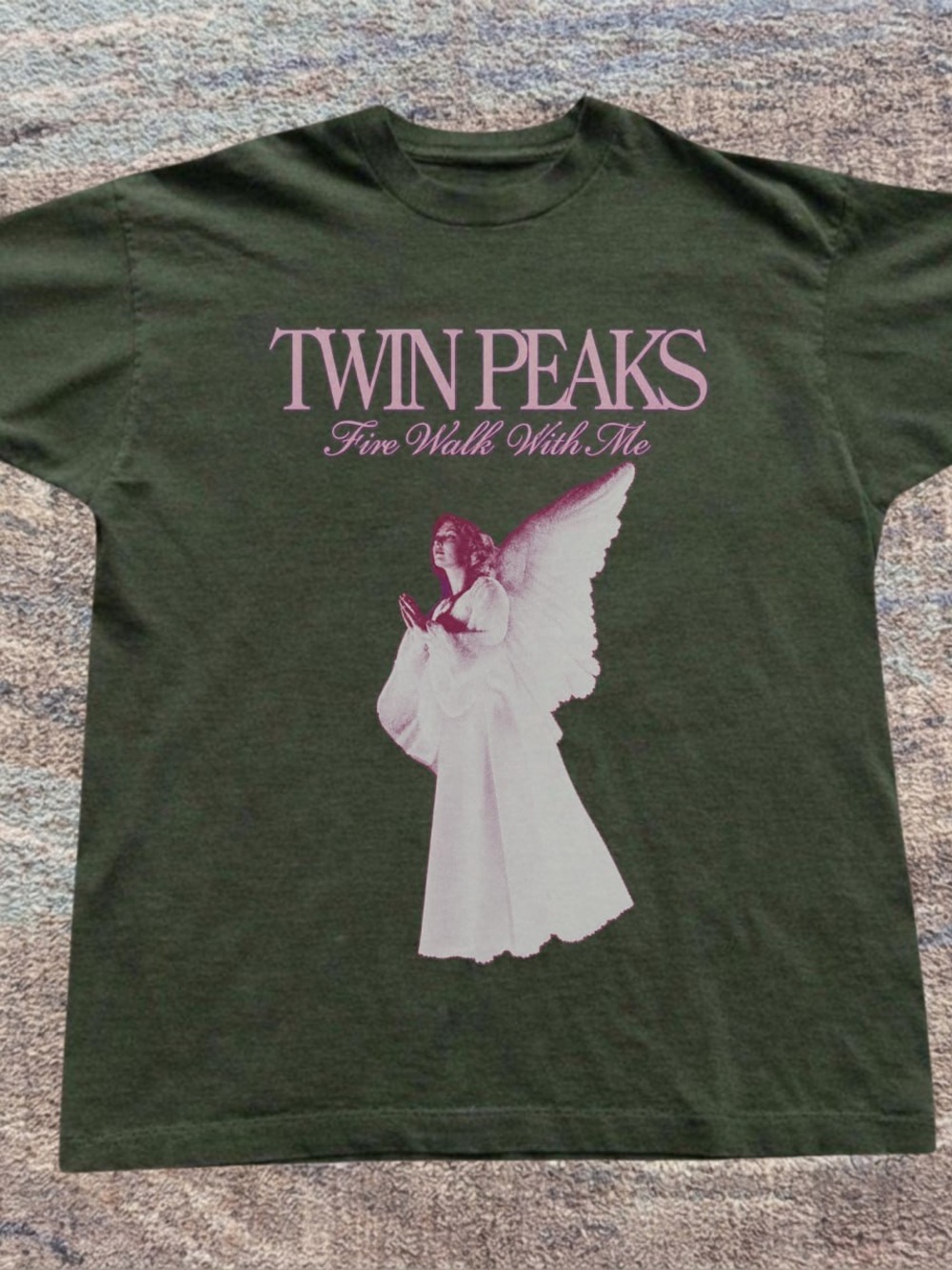 Gildan Dark Green Twin Peaks 'Fire Walk With Me' Graphic Tee with Pink Print